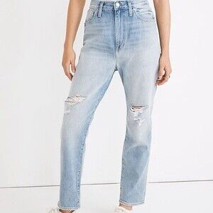 Madewell Jeans Momjean Gilford Wash Ripped Edition High Rise Denim Light Blue